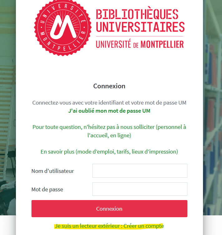 Capture d'écran de la page de connexion/création de compte de lecteur extérieur à la BU de Montpellier