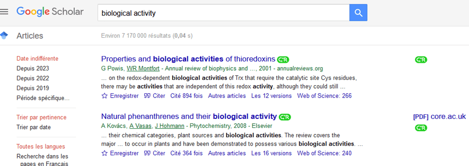 Capture d'écran de Google Scholar