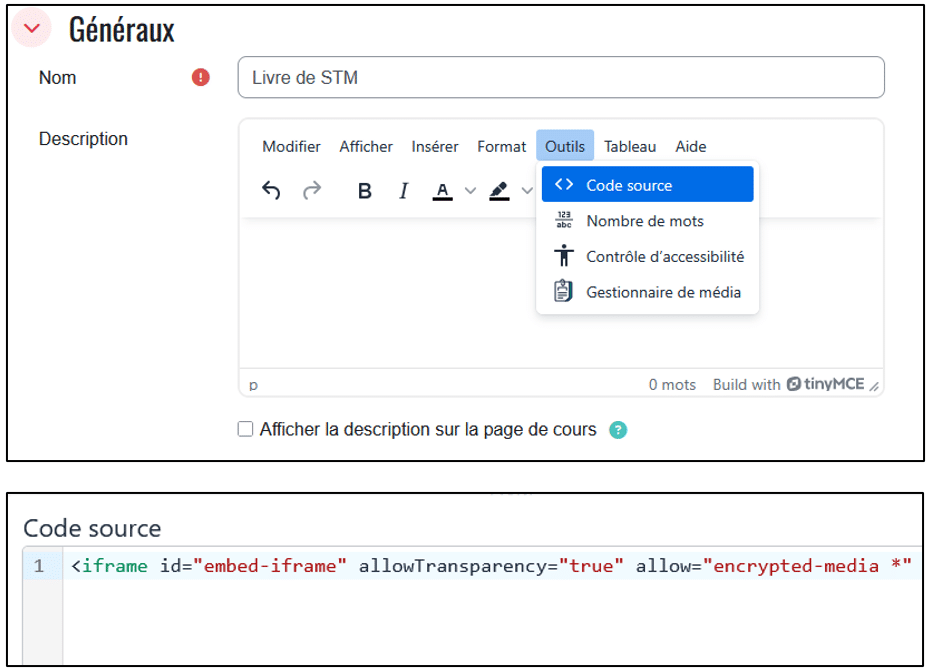 Screenshot of the iframe integration in Moodle