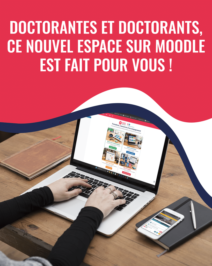 Image titre qui présente le nouvel espace moodle réservé aux doctorant, on y voit une capture d'écran de la page d'accueil.